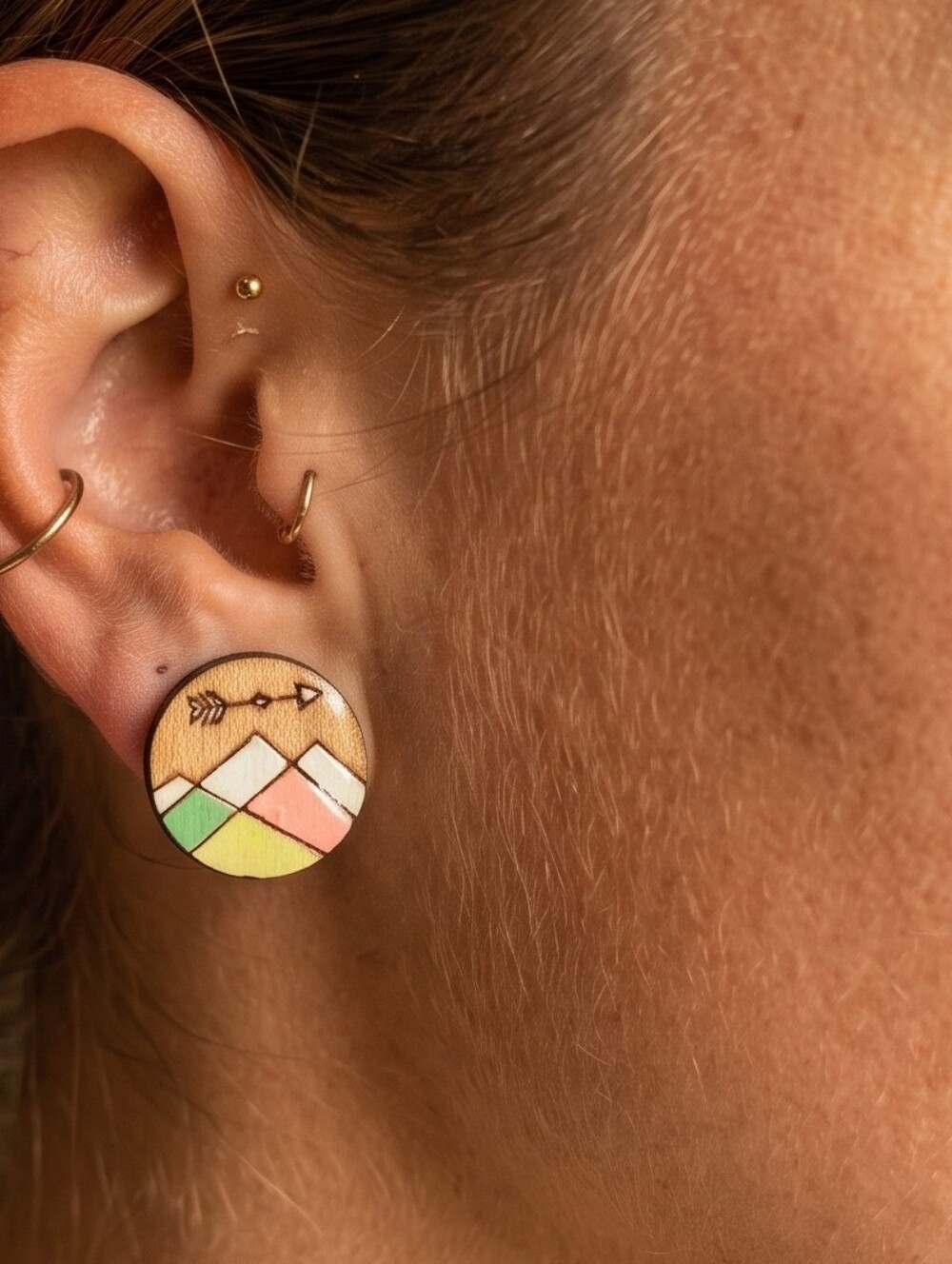 NWT Handmade Sick Chick Wood Mountain Stud Earrings Granola Girl Cabincore Boho